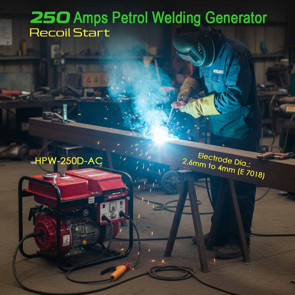 250 Amps, Petrol Welding Generator, 1.2 KVA  AC Output, Model HPW-250D-AC, Recoil Start